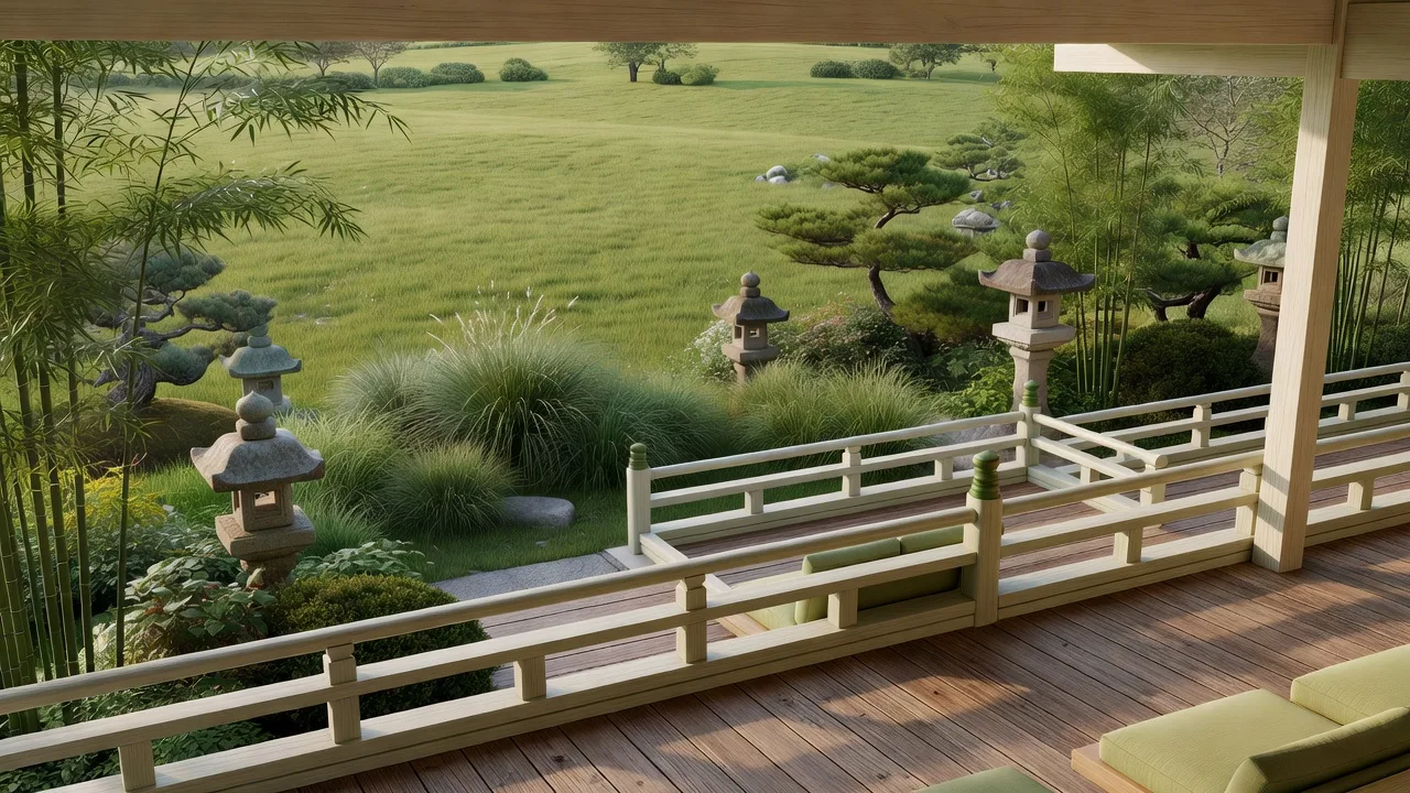 店の中庭から見える草原の景色