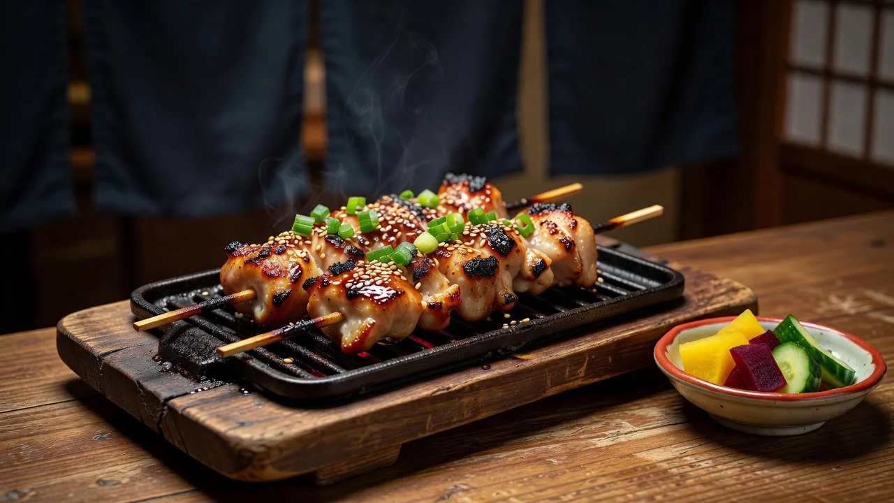 備長炭で焼く焼き鳥の様子